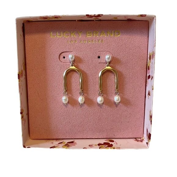 Lucky Brand Hammered Gold Toned & Faux Pearl Drop Earrings. - Picture 3 of 7